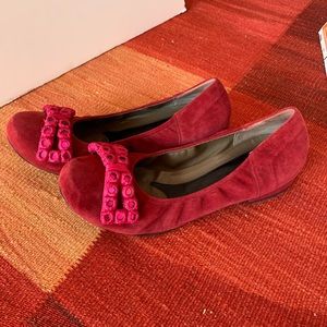 Rarely worn MARNI red Suede with hot pink crystals/ whand made BOWS